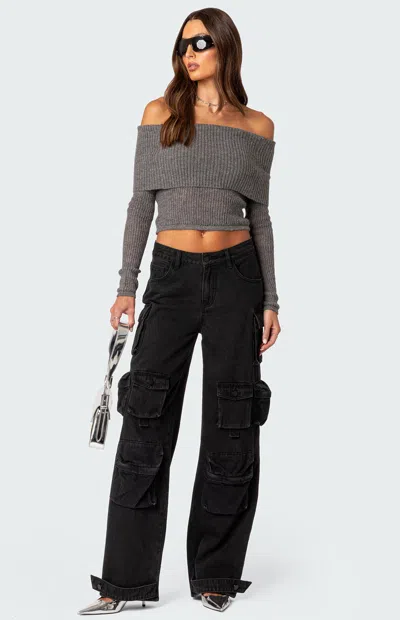 Edikted Women's Lili Fold Over Knit Top In Gray
