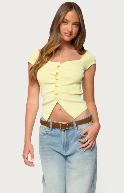 Edikted Lilibet Ruffle Placket Button-up Knit Top In Yellow
