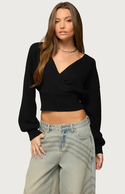 Edikted Lillia V-neck Wrap Crop Sweater In Black