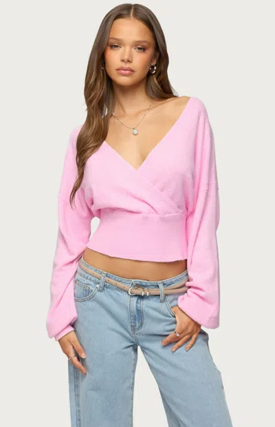 Edikted Lillia V-neck Wrap Crop Sweater In Pink