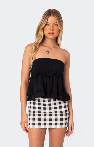 EDIKTED WOMEN'S LINEN LOOK STRAPLESS PEPLUM TOP IN BLACK