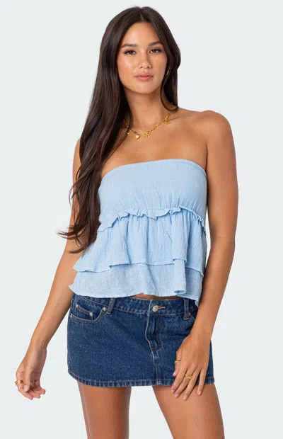 EDIKTED WOMEN'S LINEN LOOK STRAPLESS PEPLUM TOP IN LIGHT BLUE