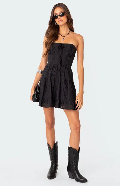 Edikted Liora Strapless Embroidered Eyelet Cotton Minidress In Black