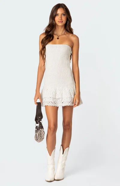 Edikted Women's Livia Lacey Cotton Scrunch Mini Dress In White