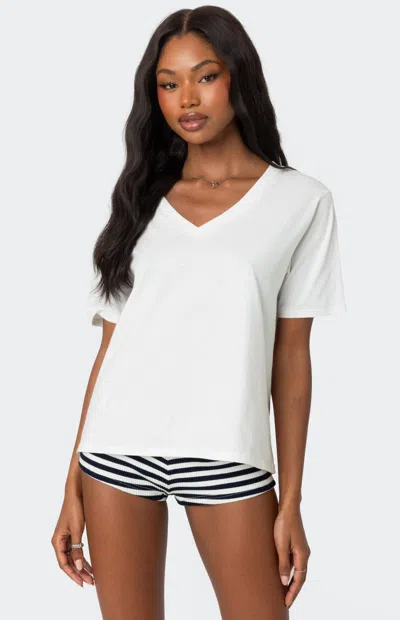 Edikted Ornella V-neck Stretch Cotton T-shirt In White