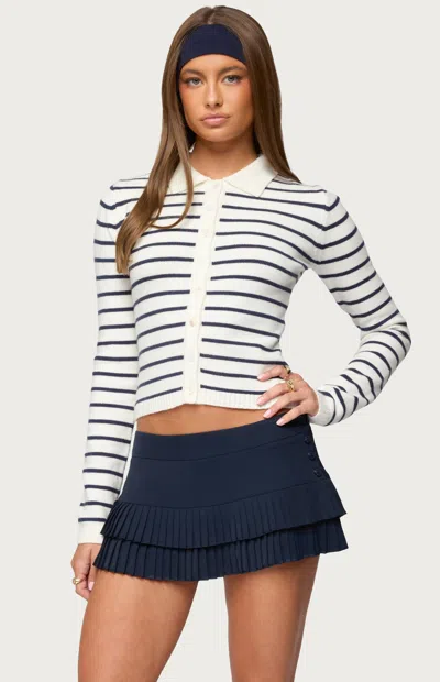 Edikted Loreen Stripe Collared Crop Cardigan In White
