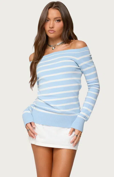 Edikted Women's Lori Striped Off Shoulder Sweater In Light Blue