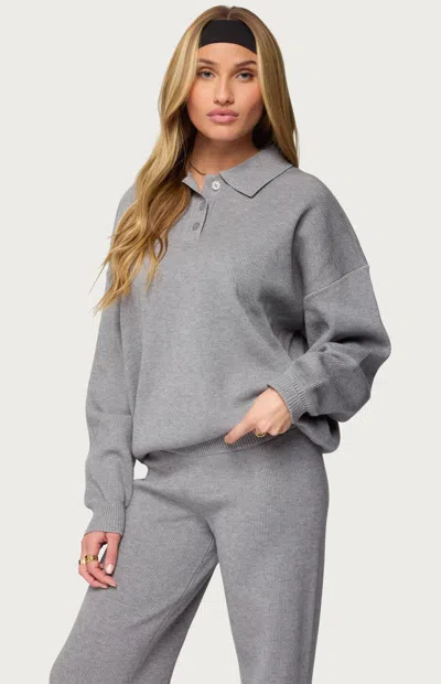 Edikted Lorie Oversize Rib Knit Polo In Gray
