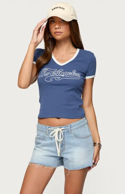 Edikted Los Angeles Crop Stretch Cotton T-shirt In Blue