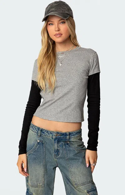 Edikted Layered Look Long Sleeve Cotton T-shirt In Gray-melange