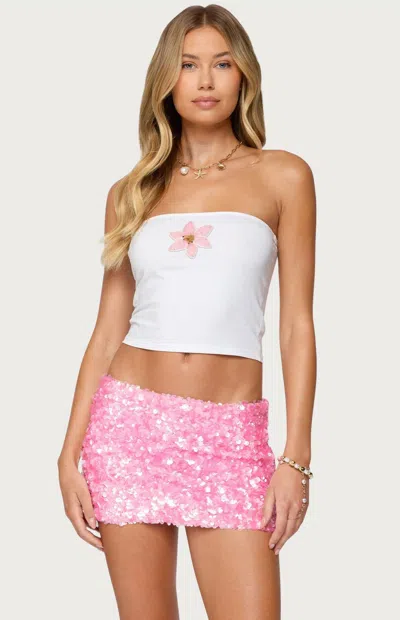 Edikted Luli Beaded Flower Crop Tube Top In White