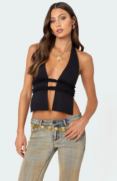 EDIKTED WOMEN'S LUMA SPLIT FRONT BACKLESS HALTER TOP IN BLACK