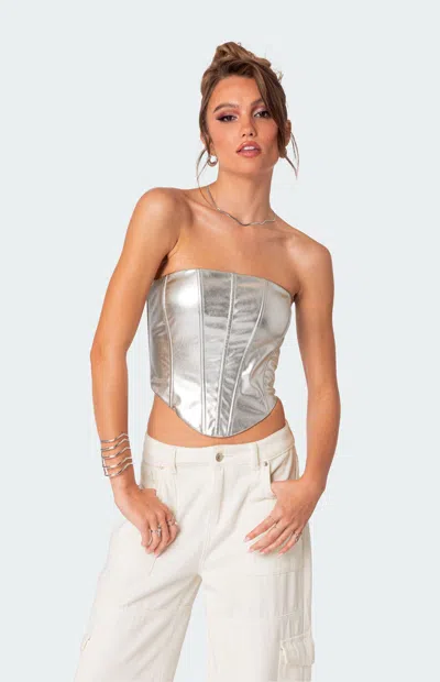 Edikted Women's Mabel Metallic Faux Leather Corset In Silver