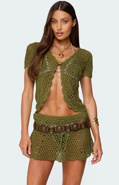 EDIKTED WOMEN'S MABELLE CROCHET SPLIT FRONT TOP IN OLIVE