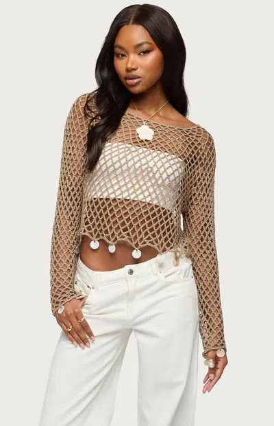 Edikted Macerena Iridescent Disc Open Stitch Top In Brown
