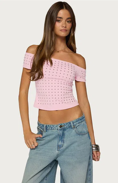 EDIKTED WOMEN'S MACK STUDDED OFF SHOULDER TOP IN PINK