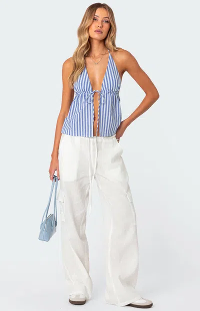 Edikted Madelyn Stripe Tie Front Cotton Halter Top In Blue