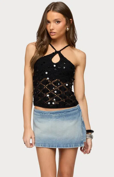 Edikted Women's Mae Open Back Sequin Crochet Top In Black