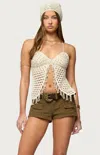 Edikted Maggie Bead Split Front Backless Crochet Top In Neutral