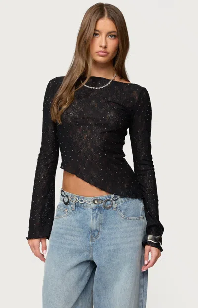Edikted Mare Rhinestone Asymmetric Sheer Lace Top In Animal Print