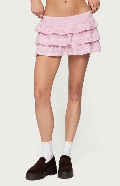 Edikted Margaux Low Rise Tiered Ruffle Miniskort In Pink