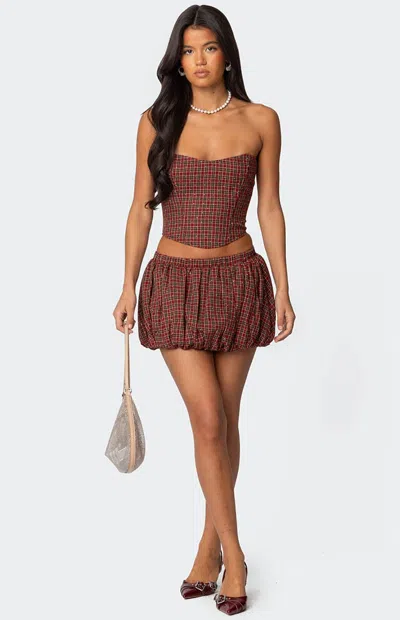Edikted Women's Marlene Plaid Bubble Mini Skirt In Red In Brown