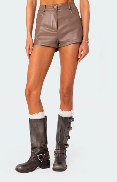 Edikted Martine High Rise Faux Leather Shorts In Brown