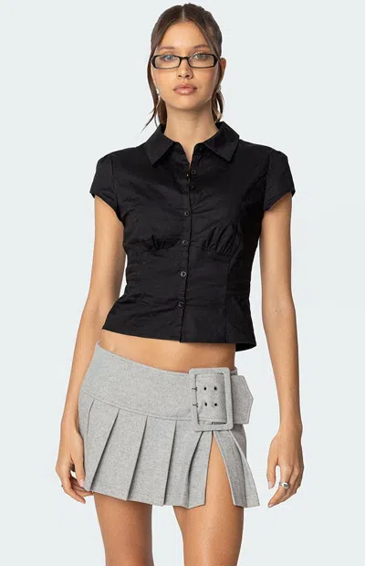 Edikted Massie Cap Sleeve Stretch Cotton Button-up Shirt In Black