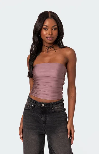 Edikted Maxeen Shiny Ruched Tube Top In Mauve