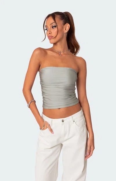 Edikted Maxeen Shiny Ruched Crop Tube Top In Gray
