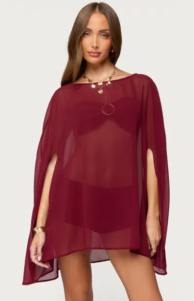 Edikted Mckenzie Sheer Chiffon Poncho In Burgundy