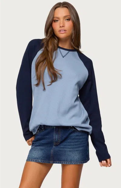 Edikted Me Time Oversize Raglan Sleeve Waffle Knit Top In Blue