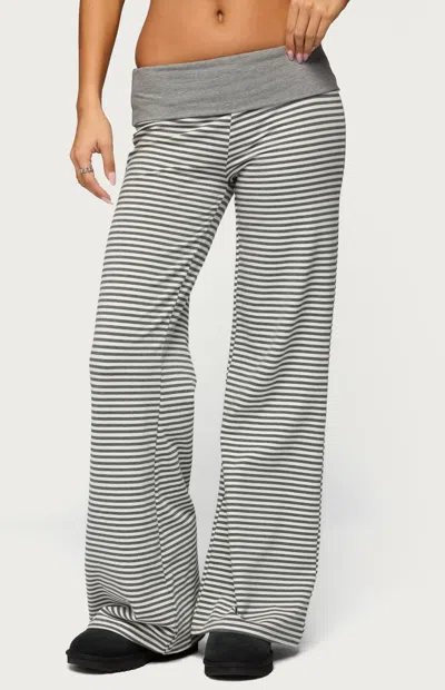 EDIKTED WOMEN'S MEGGY STRIPED FOLDOVER PANTS IN GRAY/WHITE