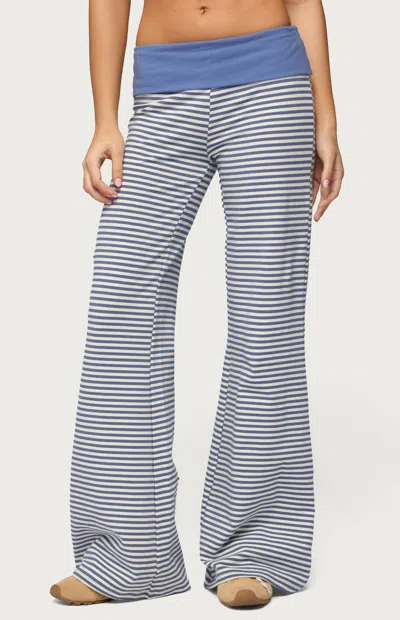 EDIKTED WOMEN'S MEGGY STRIPED FOLDOVER PANTS IN WHITE/LIGHT BLUE