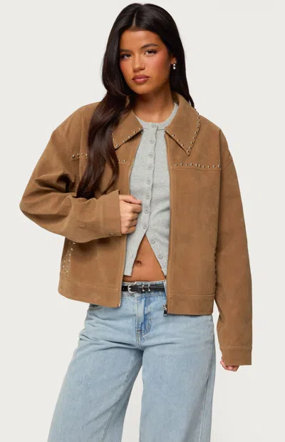 Edikted Memphis Studded Faux Suede Jacket In Tan, Women's At Urban Outfitters In Brown