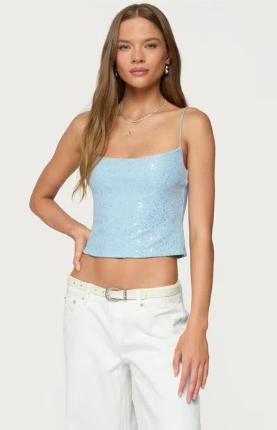 EDIKTED WOMEN'S METALLIC & SEQUIN TEXTURE TANK TOP IN LIGHT BLUE