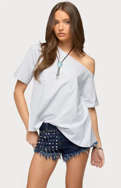 Edikted Women's Miah Off Shoulder Shredded Back Top In Light Heather Gray In White