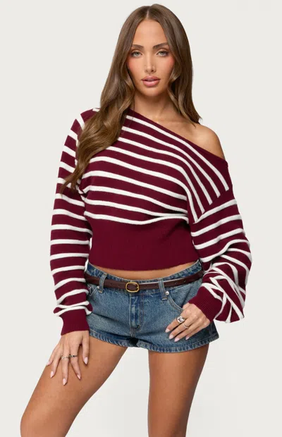 Edikted Mika Stripe Oversize Off The Shoulder Sweater In Burgundy