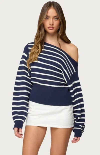 Edikted Mika Stripe Oversize Off The Shoulder Sweater In Blue