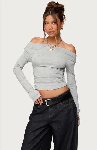 Edikted Milane Ruched Off The Shoulder Crop Top In Blue