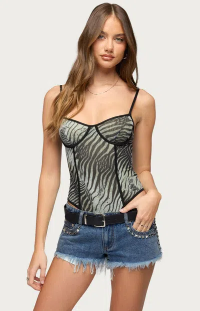 Edikted Women's Minerva Zebra Cupped Mesh Bodysuit In Gray