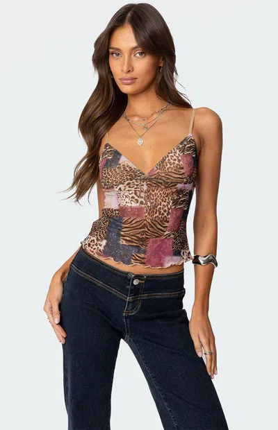 Edikted Animal Print Mesh Camisole In Brown Mix