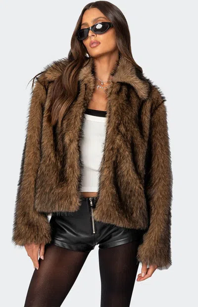 Edikted Faux Fur Jacket In Brown