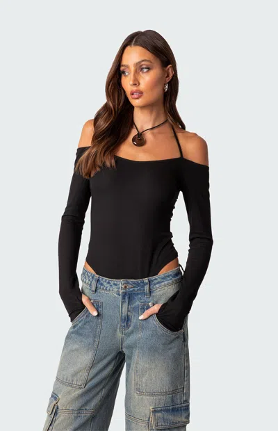 Edikted Model Off Duty Cold Shoulder Rib Bodysuit In Black