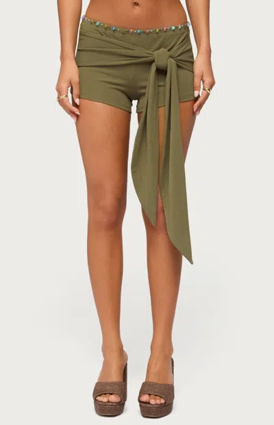Edikted Monroah Beaded Low Rise Tie Waist Shorts In Green