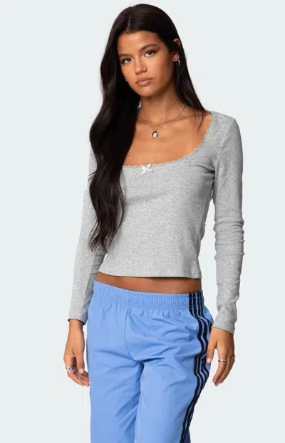 Edikted Mora Lace Trim Knit Top In Gray Melange