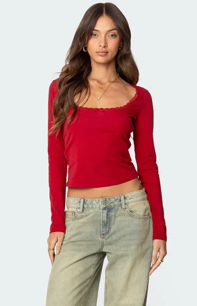 Edikted Mora Lace Trim Ribbed T Shirt In Red