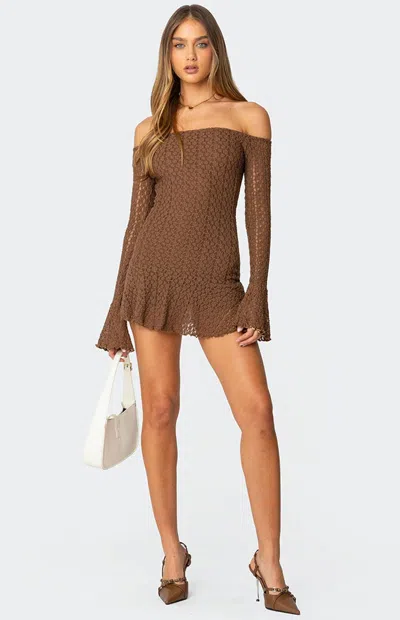 Edikted Mya Long Sleeve Off The Shoulder Lace Minidress In Brown