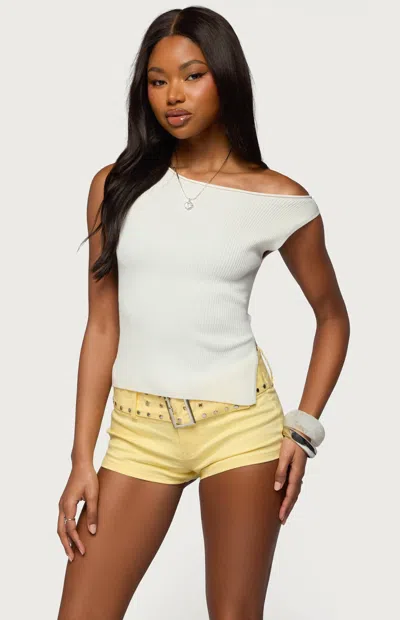 Edikted Women's Myrah Asymmetric Off Shoulder Ribbed Knit Top In Cream In White