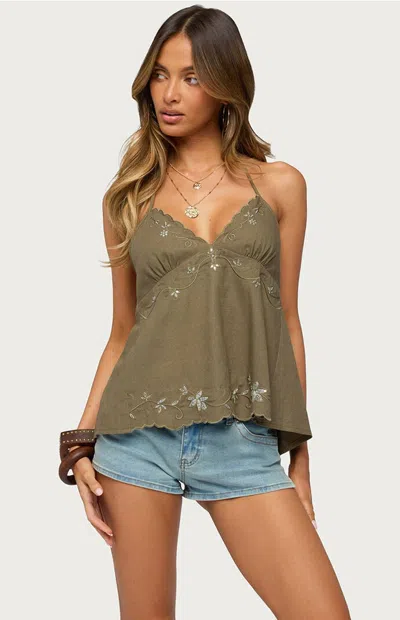 Edikted Women's Nadine Embroidered Linen Look Top In Olive